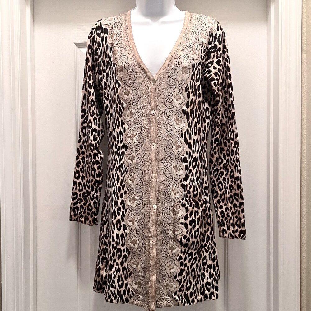 Moi Moi Women's Long Cardigan Sweater/Dress-Brown/Tan Cheetah Print-Medium-Casua